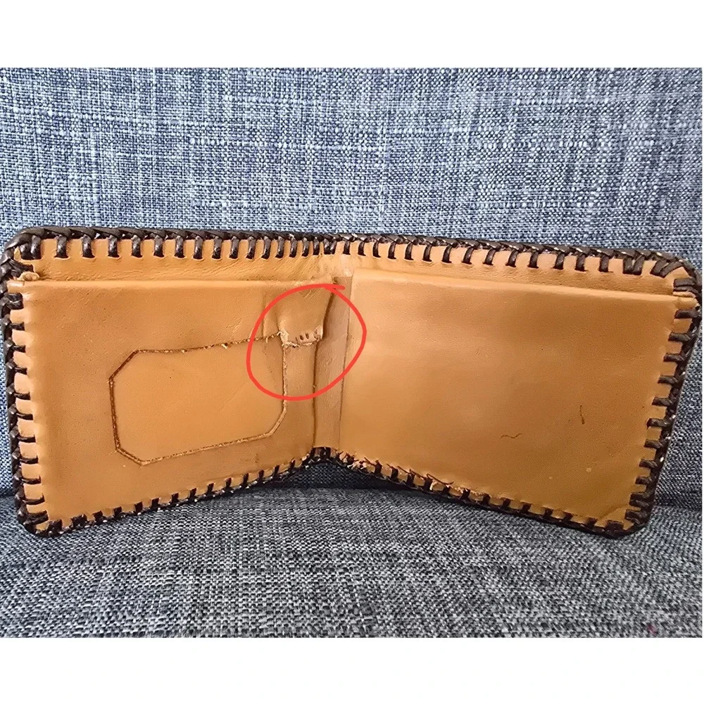 Vintage Hand Tooled Leather Bifold Wallet Western Floral Whipstitch Tan Brown